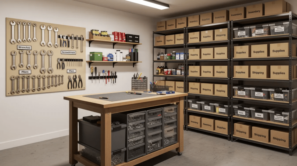 The image depicts a small business workshop featuring neatly organized tools and supplies on shelves, showcasing an efficient workspace that supports operational profitability. This setup reflects the importance of cost management and can significantly influence a company's financial health and net profit margin.