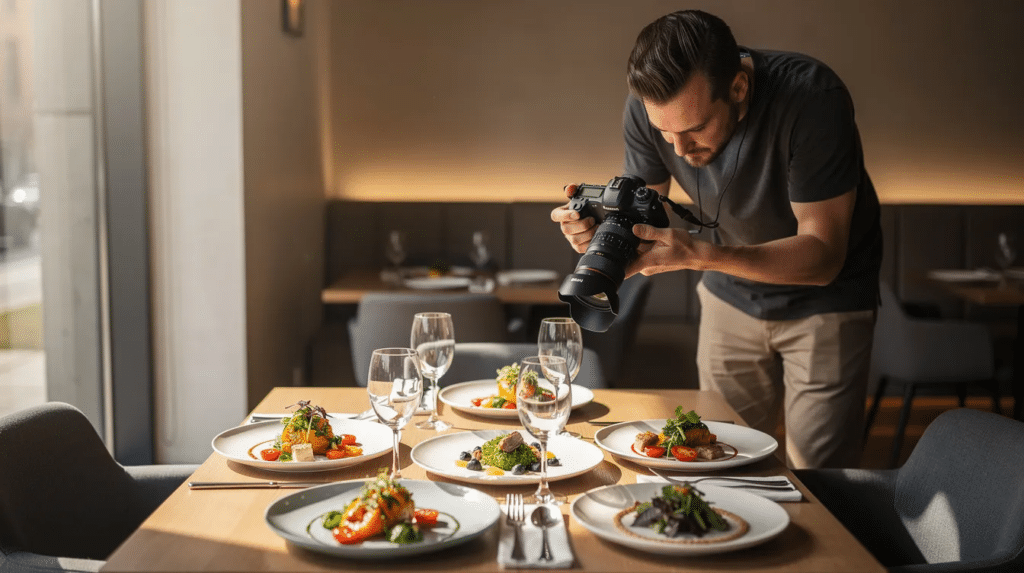 A professional photographer is capturing beautifully arranged food dishes at a restaurant table, illuminated by natural lighting, creating an inviting atmosphere for potential customers. This image highlights the importance of quality photos in attracting more business and building trust on platforms like Yelp.
