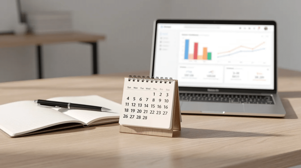 A desk setup with a calendar, a notebook, and a pen beside a laptop displaying google stats for website in a simple Google Analytics dashboard. The dashboard lays out website traffic and user engagement in an easy-to-read view for making smarter business decisions.
