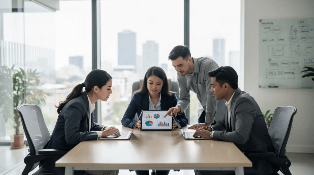 A small team is gathered around a table in a modern office, collaborating on laptops to review marketing data and discuss their strategy. They are focused on analyzing attribution models and how different marketing channels impact the customer journey.