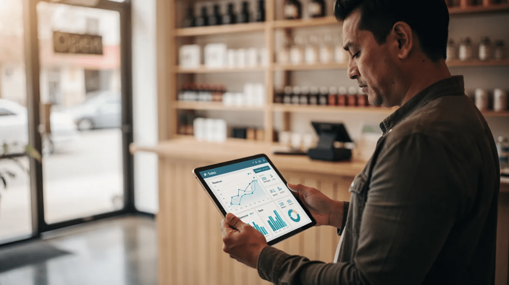 A small business owner reviews search performance data on a tablet inside their storefront, tracking how often the business is cited in Google AI Overviews versus traditional search results.