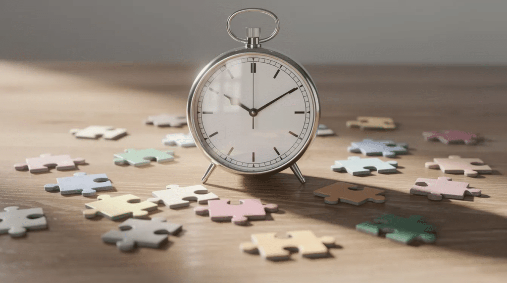 The image features a clock surrounded by scattered puzzle pieces on a desk, symbolizing the complexity of decision-making and the importance of time in developing effective marketing strategies. This visual representation highlights the need for a thoughtful approach to marketing attribution models that consider multiple channels and customer interactions.