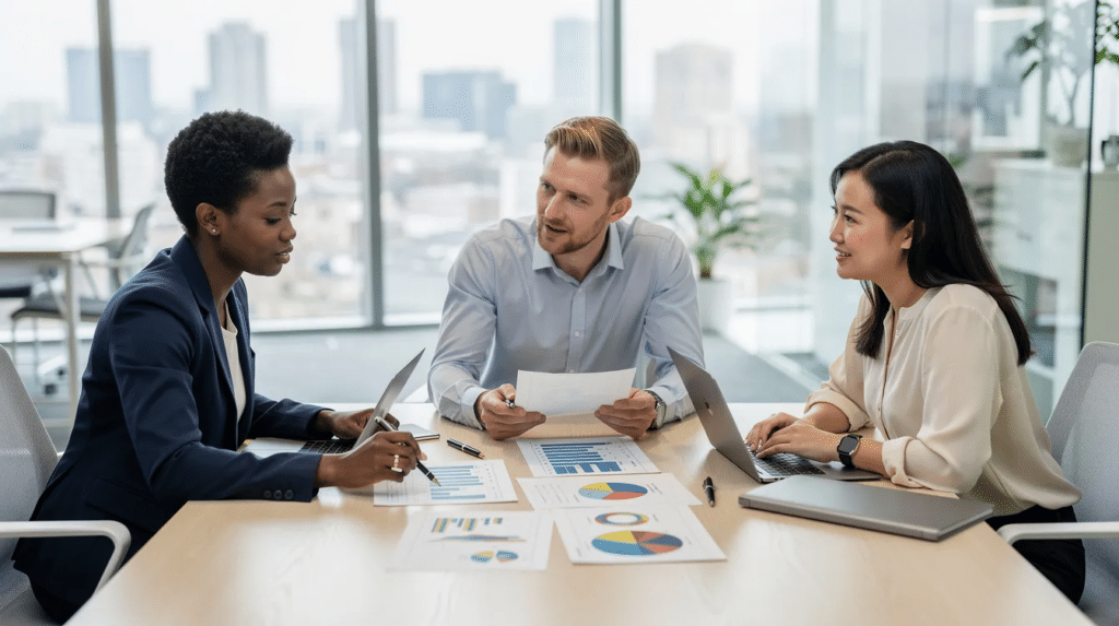 Three colleagues review printed charts from a marketing plan format sample, discussing objectives, competitive analysis, and strategy before finalizing their own plan.