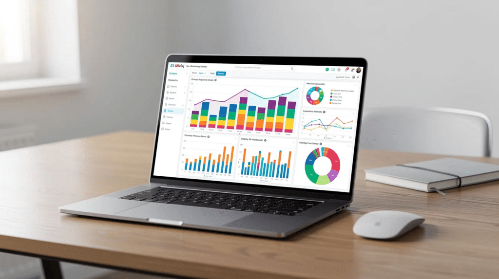A laptop sits on a desk, showcasing vibrant charts and graphs that illustrate customer data and analytics. This visual representation highlights important metrics for effective client relationship management and sales productivity.