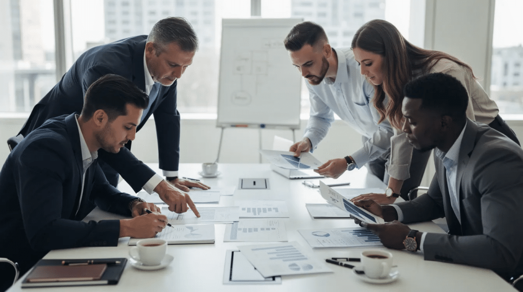 A small team is seated around a conference table, engaged in a discussion as they review printed reports related to customer relationship management. The atmosphere is focused, highlighting their efforts to analyze customer data and strengthen client relationships through effective strategies.