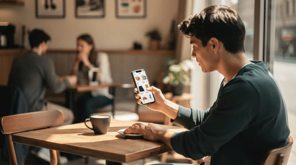A person sits at a cafe table, intently browsing products on their smartphone, illustrating the kind of everyday behavior a well-defined target audience for advertising is built around. This scene highlights how understanding real shopping habits sharpens digital marketing strategies and consumer engagement.