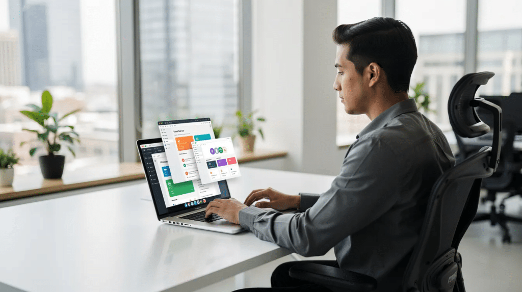 A person is working on a laptop in a bright, modern office, surrounded by multiple open browser windows that likely include marketing plan templates and strategies. This setup suggests a focus on developing effective marketing initiatives and objectives for business success.