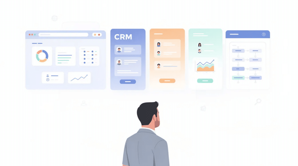 An illustration of CRM software for small business, showing customer data management, sales tracking, and marketing automation without any logos or labels.