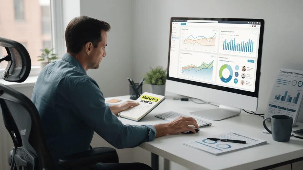 A small business owner is intently analyzing performance data on a desktop monitor, focusing on charts that provide valuable insights into their marketing strategy and target audience. This scene emphasizes the significance of understanding consumer behavior and industry trends to enhance effective marketing campaigns.