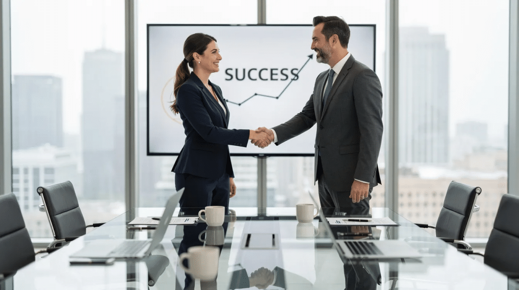 A professional is shaking hands with a colleague in a sleek, modern conference room, symbolizing the successful closure of a business deal. This moment reflects the importance of networking and collaboration, often highlighted in successful advertising campaigns on platforms like LinkedIn.