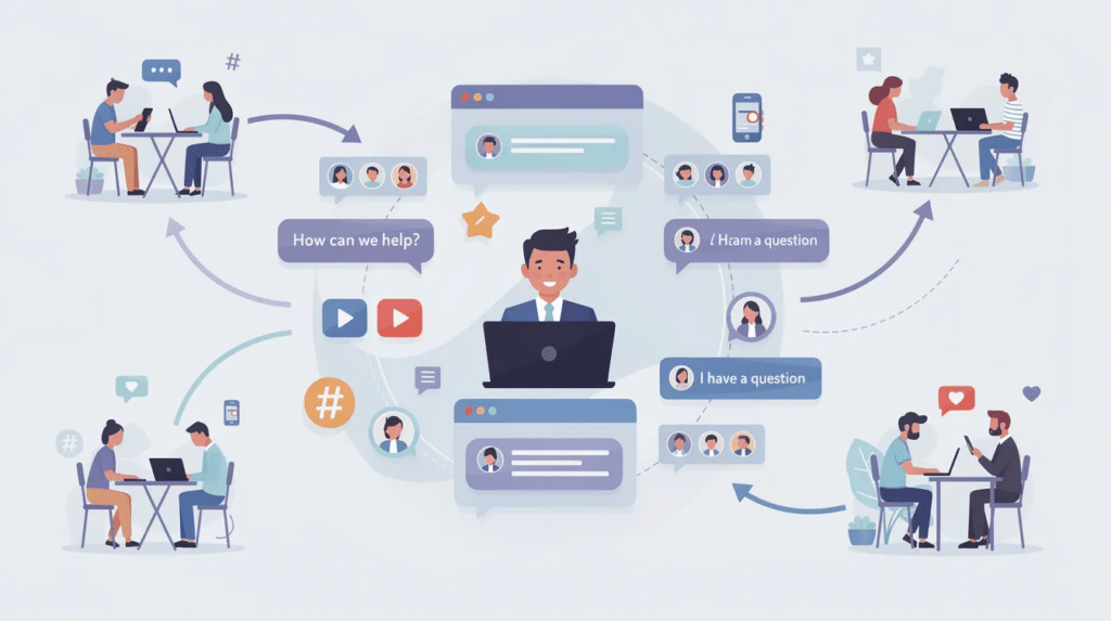 The illustration depicts an online community actively engaging through various social media platforms, showcasing two-way conversations between a business and its customers. It highlights the importance of effective social media management and community engagement in building brand loyalty and improving business growth.