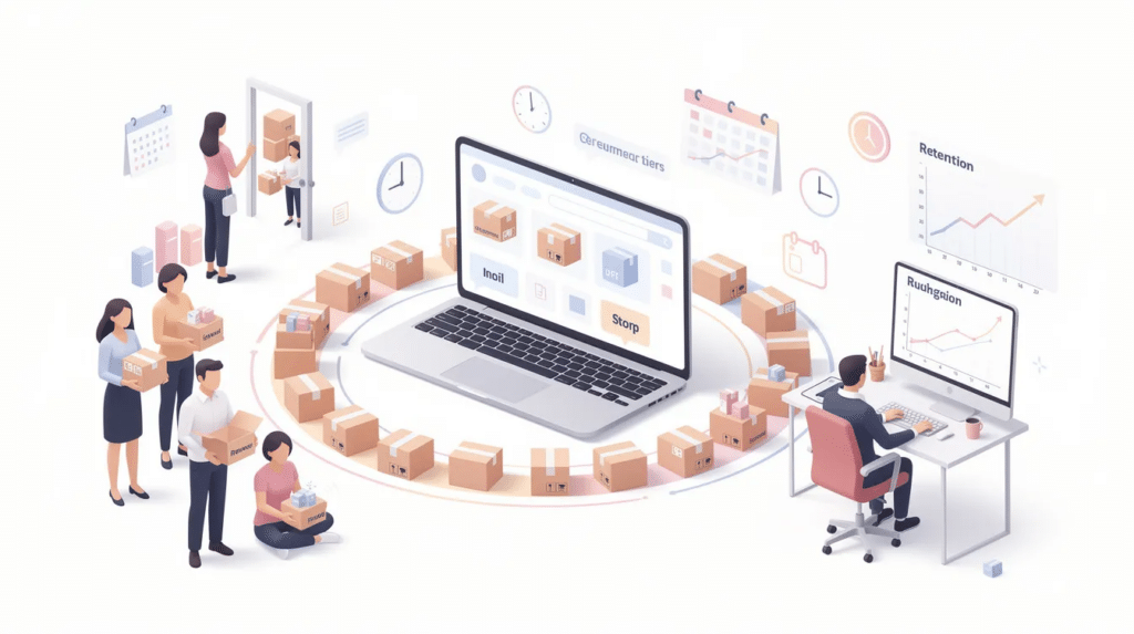 The image illustrates a subscription ecommerce model, featuring the concept of recurring product deliveries that foster customer loyalty and ensure steady revenue for online businesses. It visually represents the significance of effective marketing strategies and understanding customer preferences in creating a successful ecommerce store.