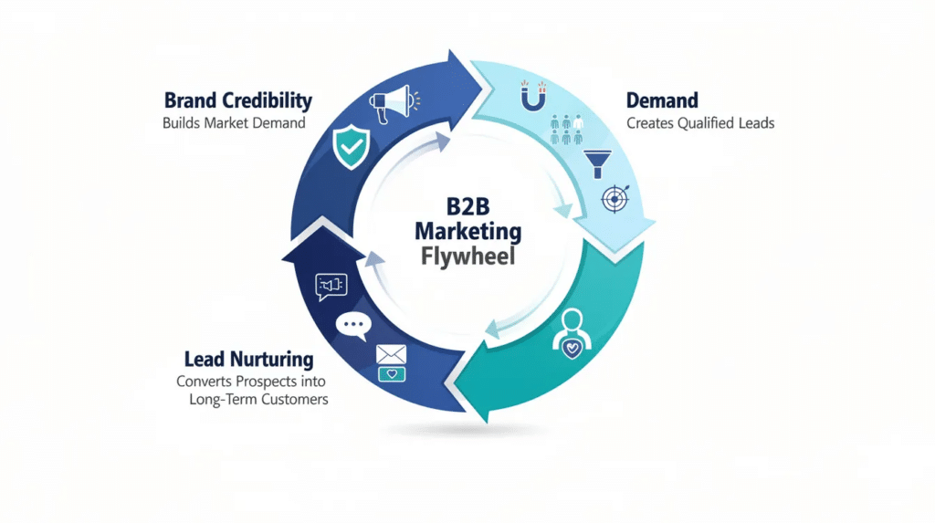 The image depicts a B2B marketing flywheel illustrating the process of building brand credibility, generating demand, and nurturing leads into long-term business customers. It emphasizes the importance of marketing strategies such as content marketing and email marketing in converting prospective buyers into loyal clients.