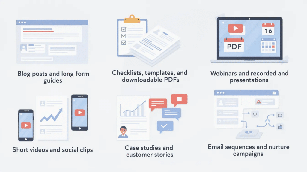 An illustration depicting various content types essential for a successful content distribution strategy, including blog posts, long-form guides, checklists, webinars, and short videos. The image highlights the importance of utilizing diverse content formats across different distribution channels to effectively engage the target audience and meet business goals.
