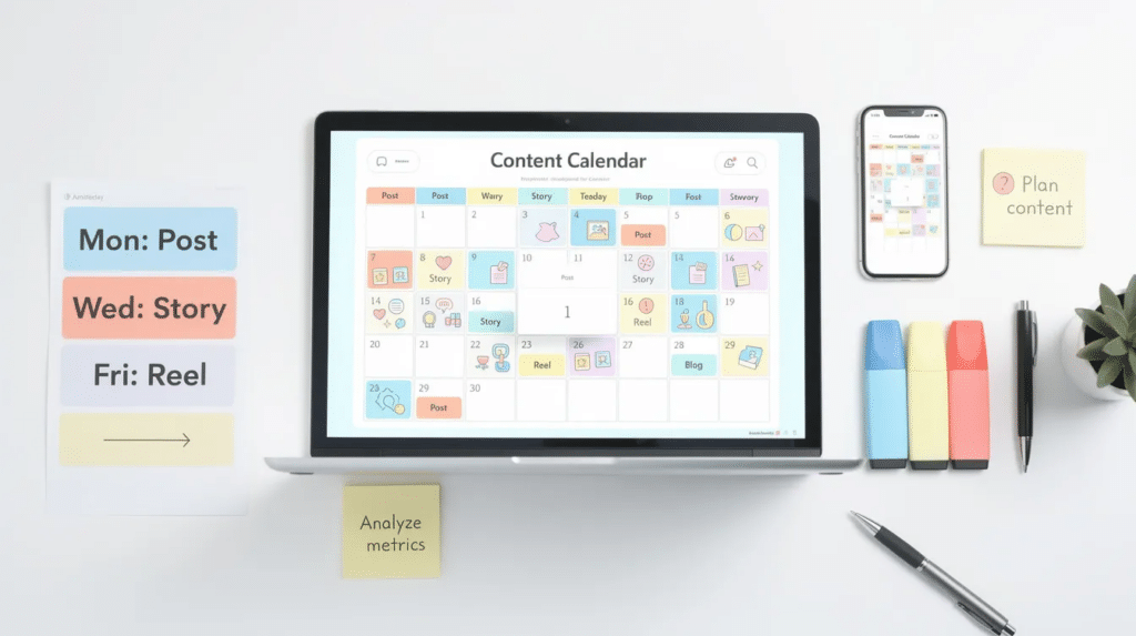 The image depicts a social media calendar that outlines a simple posting schedule and cadence for various social media platforms, showcasing how a dedicated social media manager can effectively plan and manage content creation to engage the target audience and enhance brand awareness. This organizational tool is essential for effective social media management and tracking campaign performance across multiple accounts.