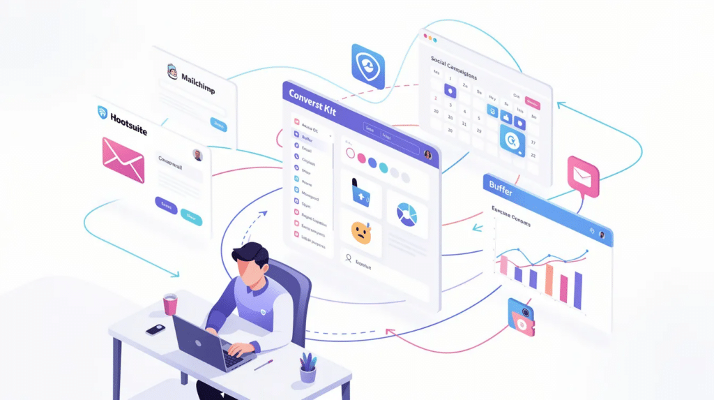 The illustration depicts various content distribution platforms such as Mailchimp, ConvertKit, Buffer, and Hootsuite, showcasing their roles in a winning content distribution strategy across different channels. It highlights how these platforms facilitate content marketing efforts by targeting the right audience through social media channels and other distribution channels.